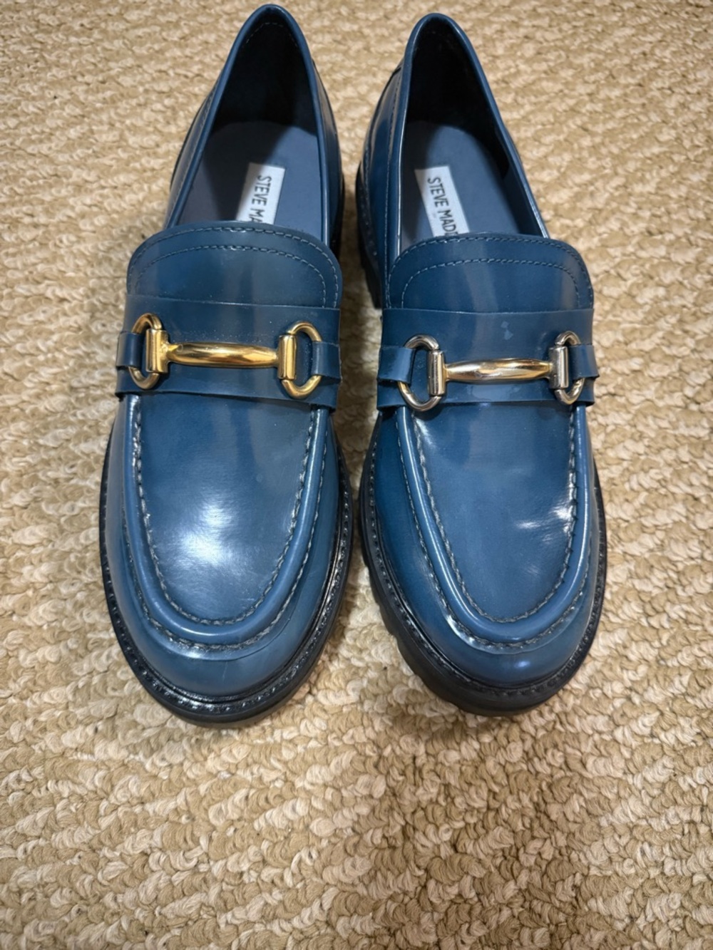 Steve Madden Blue Leather Horsebit Loafers with Gold Hardware